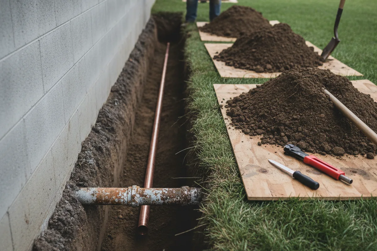 Excavated water line trench during Sewer Line Repair in Russiaville